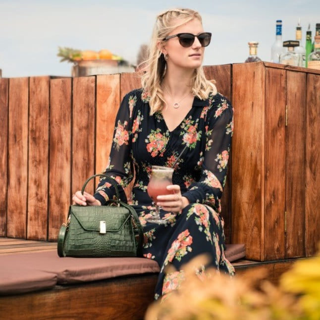 Leather top handle bag, green croc, lifestyle