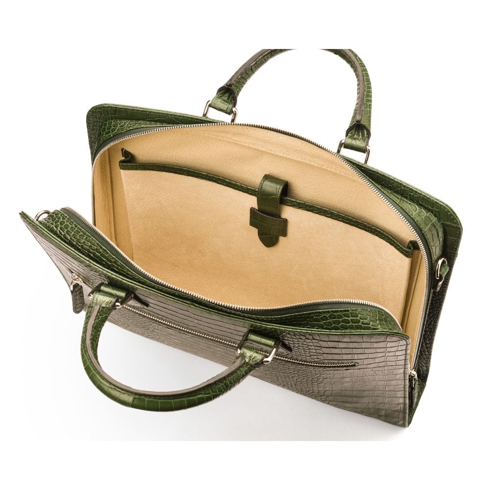 Leather Trinity 13" laptop briefcase, green croc, inside