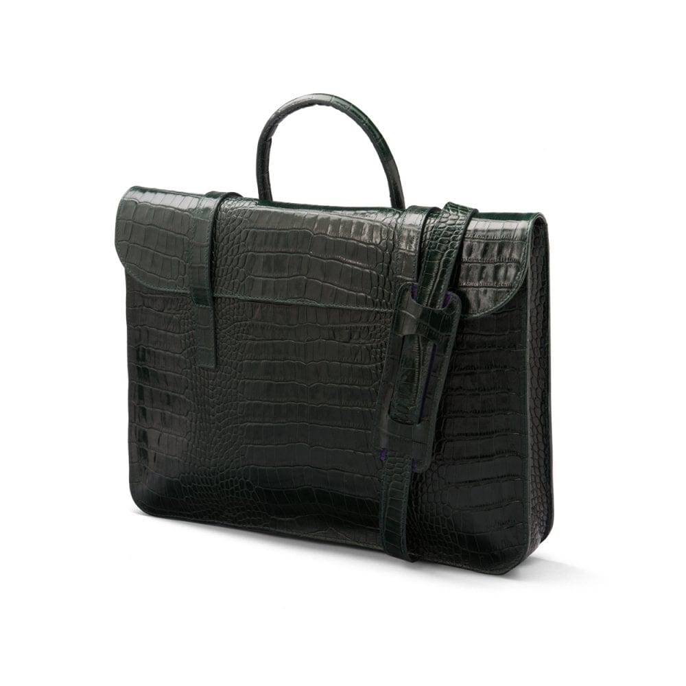 Leather music bag, green croc, side
