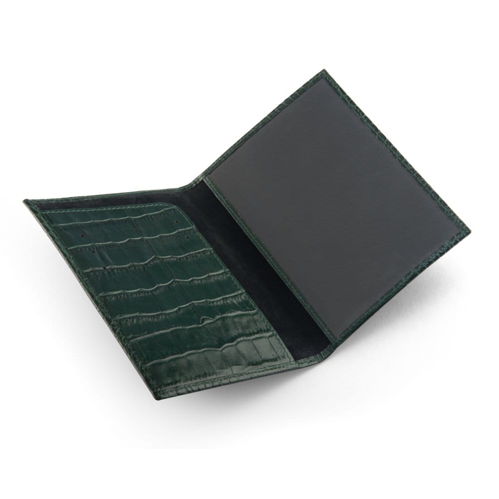 Luxury leather passport cover, green croc, open