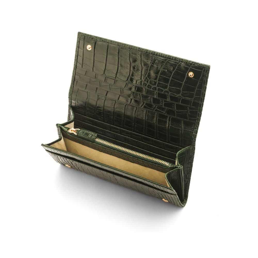 Leather Mayfair concertina purse, green croc, inside