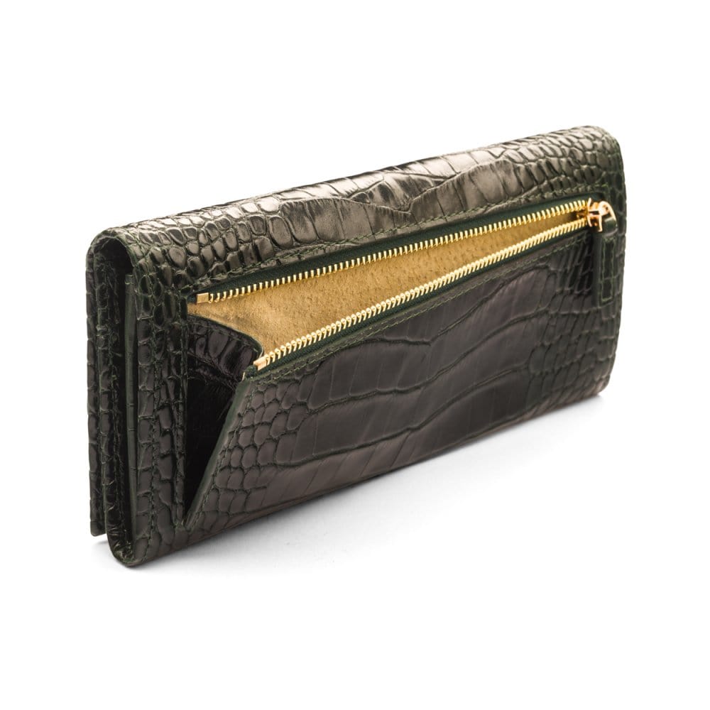 Leather Mayfair concertina purse, green croc, back