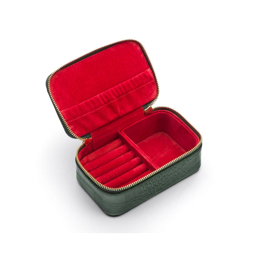 Zip around jewellery case, green croc, open