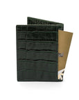 RFID leather credit card holder, green croc, back view