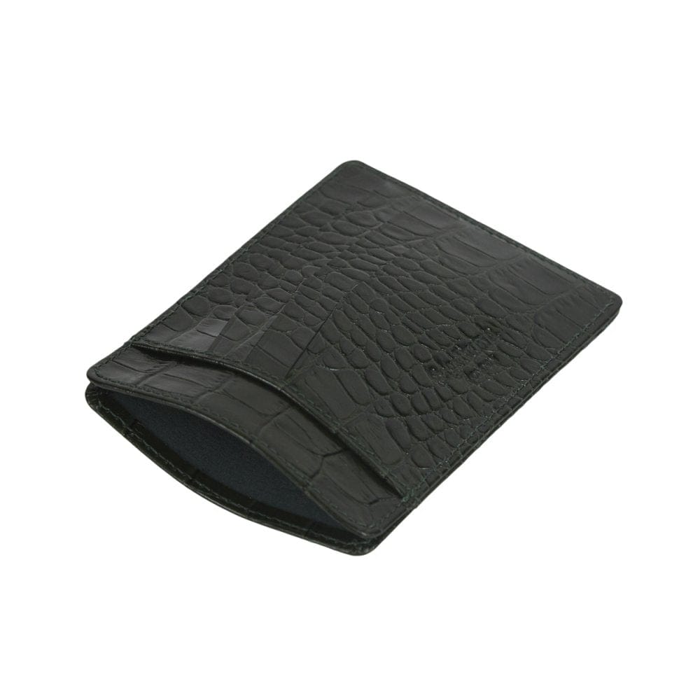 Flat leather credit card holder, green croc, open