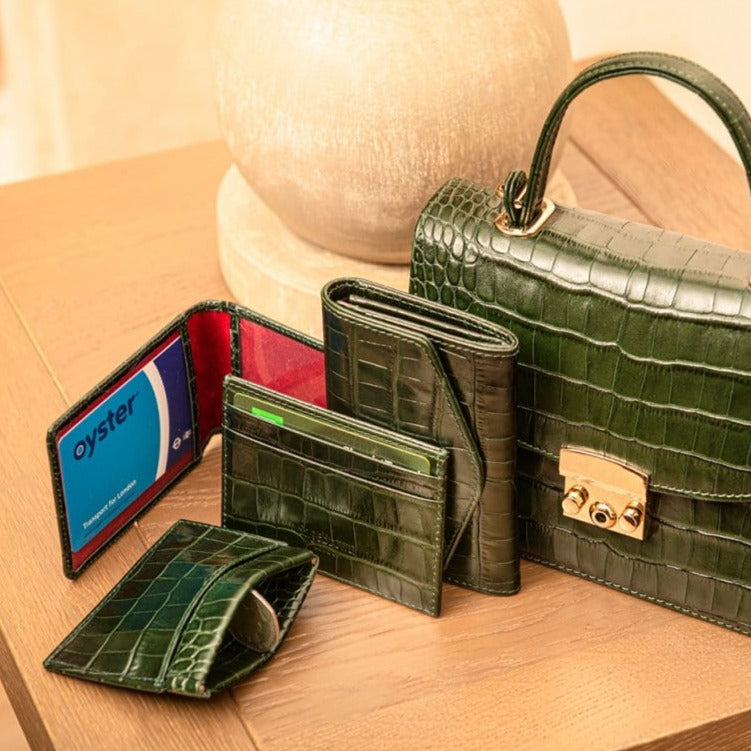 Small leather concertina purse, green croc, lifestyle
