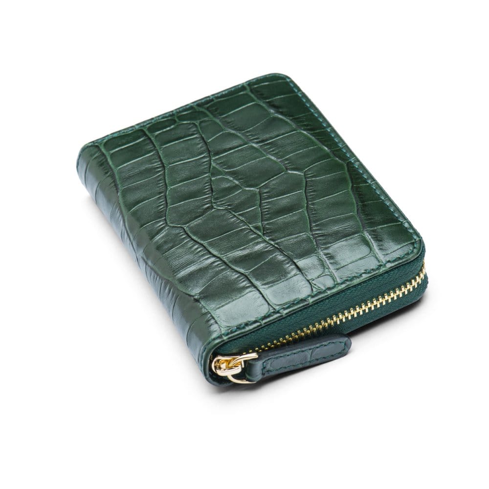 Small leather zip around accordion coin purse, green croc, front