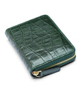 Small leather zip around accordion coin purse, green croc, front