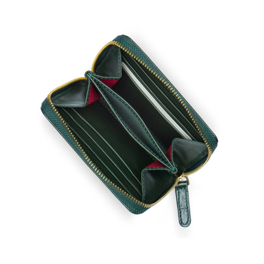 Small leather zip around accordion coin purse, green croc, open