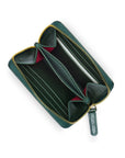 Small leather zip around accordion coin purse, green croc, open