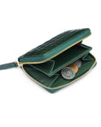 Small leather zip around accordion coin purse, green croc, interior