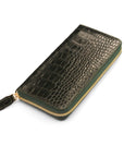 Tall leather zip around accordion purse, green croc, front