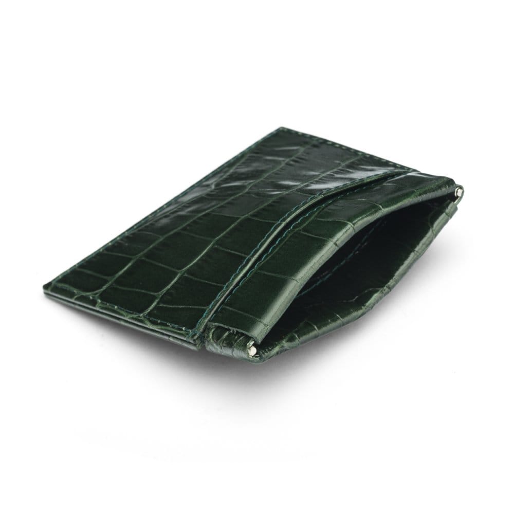 Leather squeeze spring coin purse, green croc, open