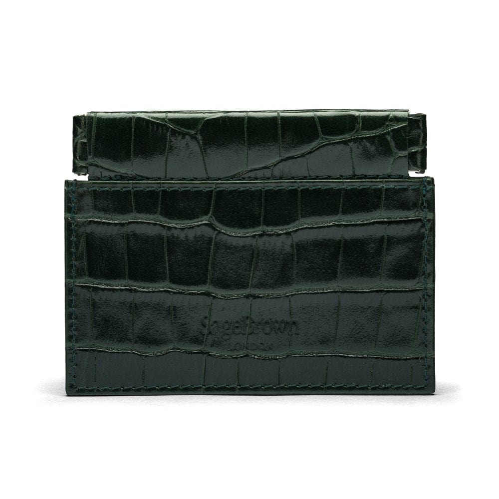 Leather squeeze spring coin purse, green croc, back