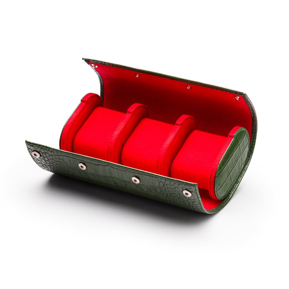 Triple watch roll, green croc, open