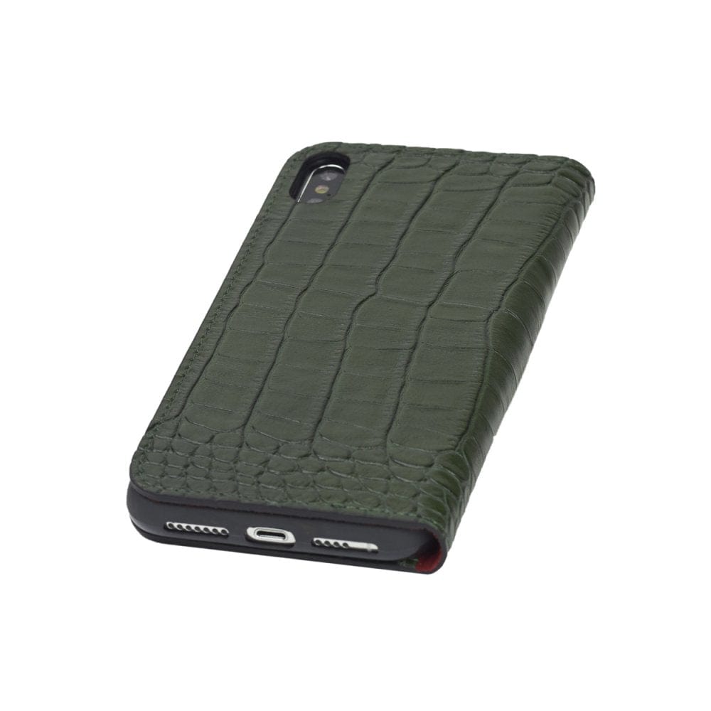 Leather iPhone XS Max Case, Green Croc SageBrown