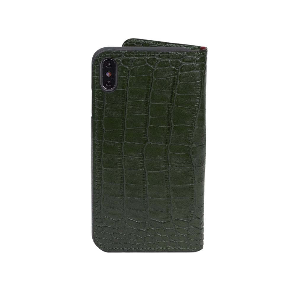 Leather iPhone XS Max Case, Green Croc SageBrown