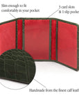 Leather tri-fold travel card holder, green croc, features