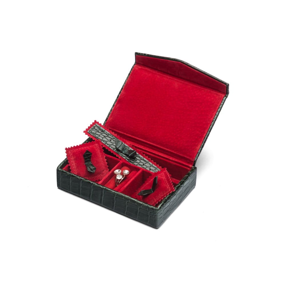Luxury leather jewellery box, green croc, open