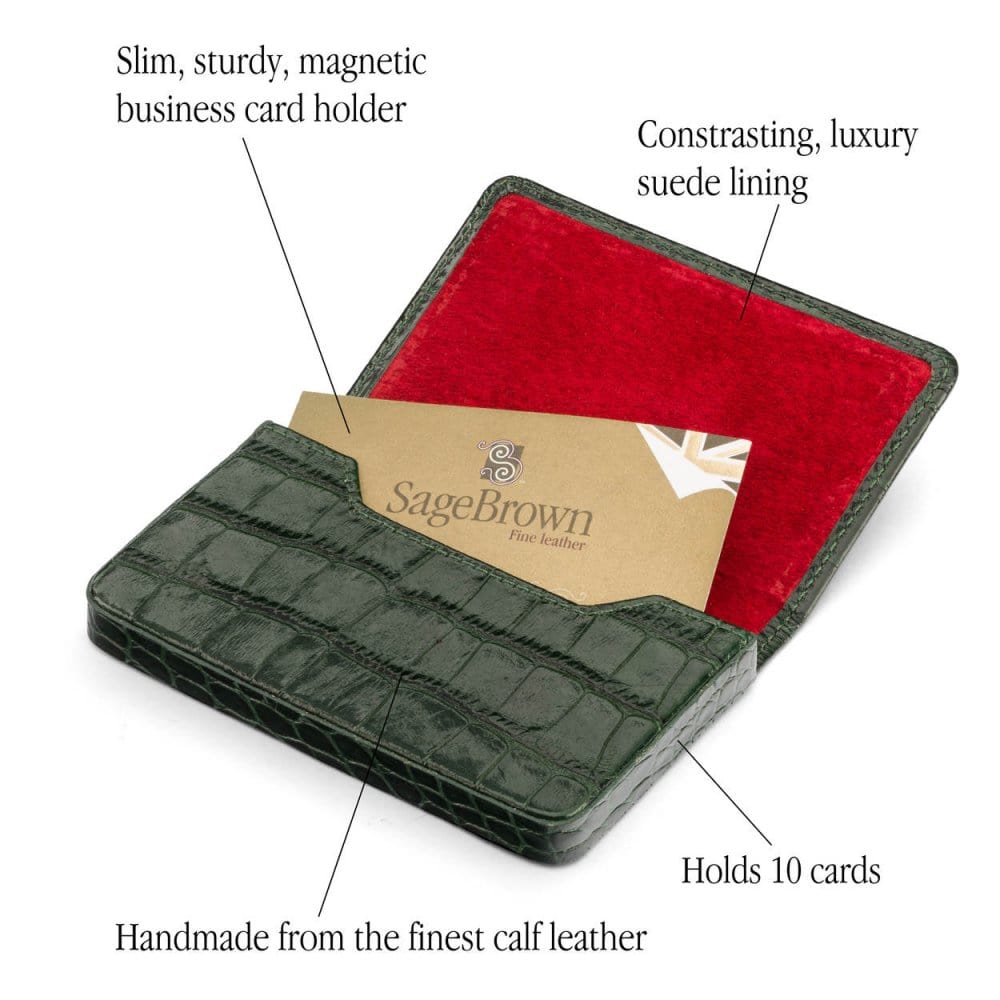 Leather business card holder with magnetic closure, green croc, features