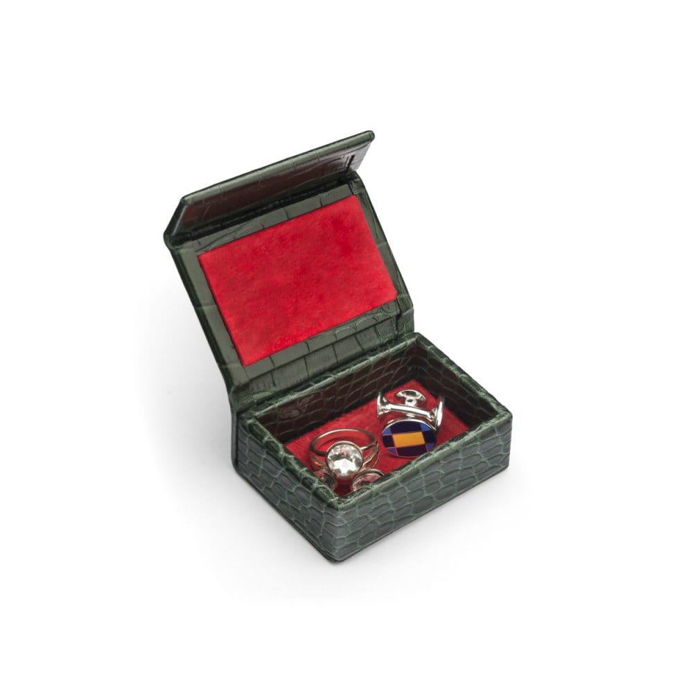 Mini leather accessory box, green croc, inside