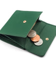 Women's leather purse with 6 cards and coins, green, open view