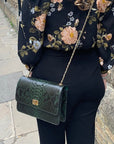 Leather chain bag, green python, chain strap