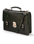 Leather Cambridge satchel briefcase with silver brass lock, green, side