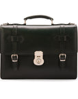 Leather Cambridge satchel briefcase with silver brass lock, green, front