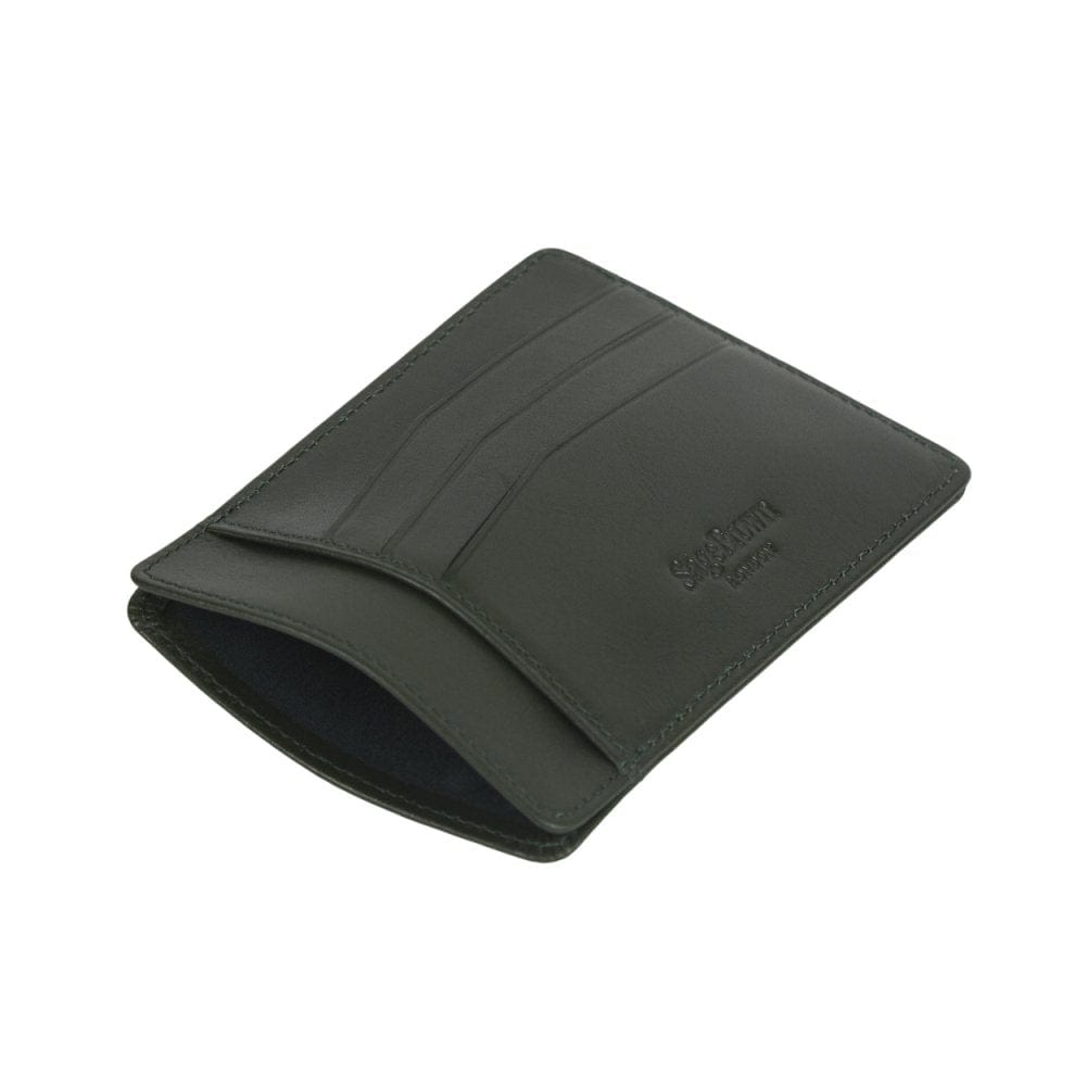 Flat leather credit card holder, green, open