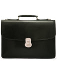 Leather briefcase with silver brass lock, Harvard vintage look, green, front