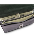 Leather briefcase with silver brass lock, Harvard vintage look, green, inside