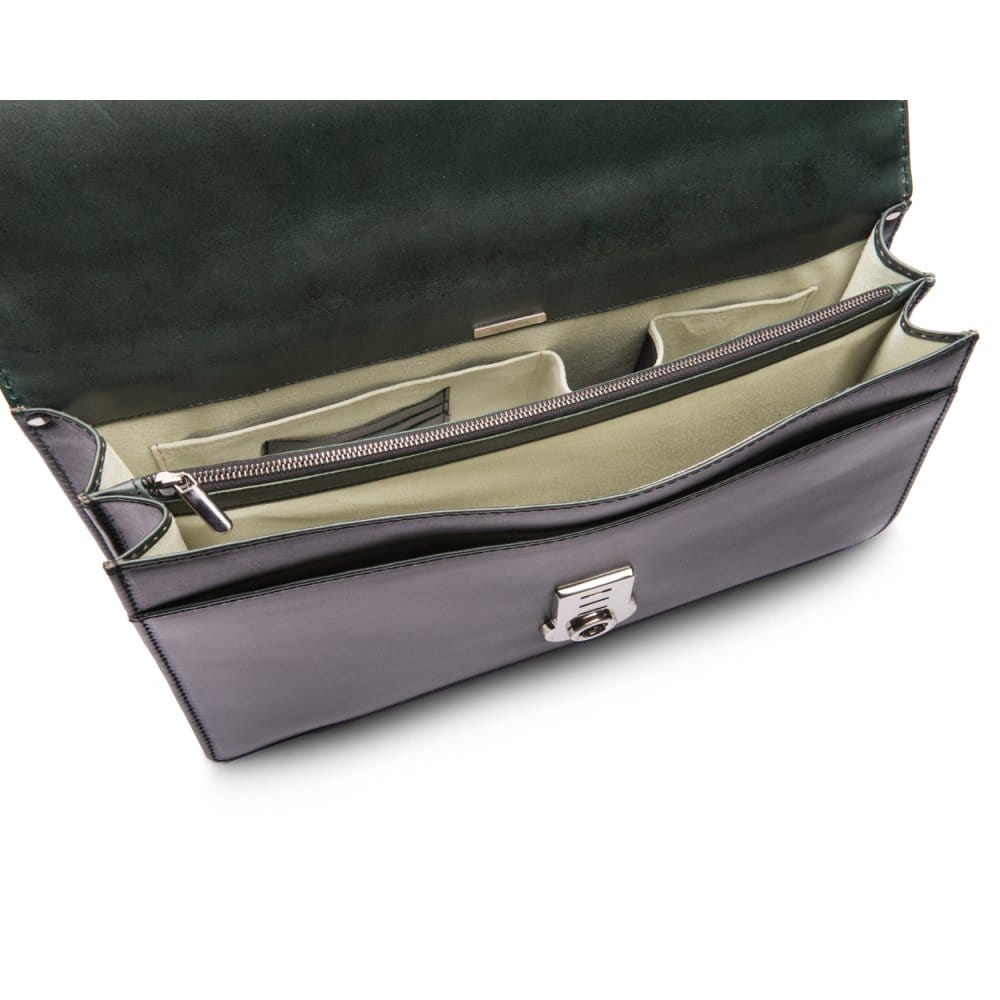 Leather Briefcase Silver Brass Lock, Green Briefcases SageBrown