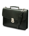 Leather briefcase with silver brass lock, Harvard vintage look, green, side