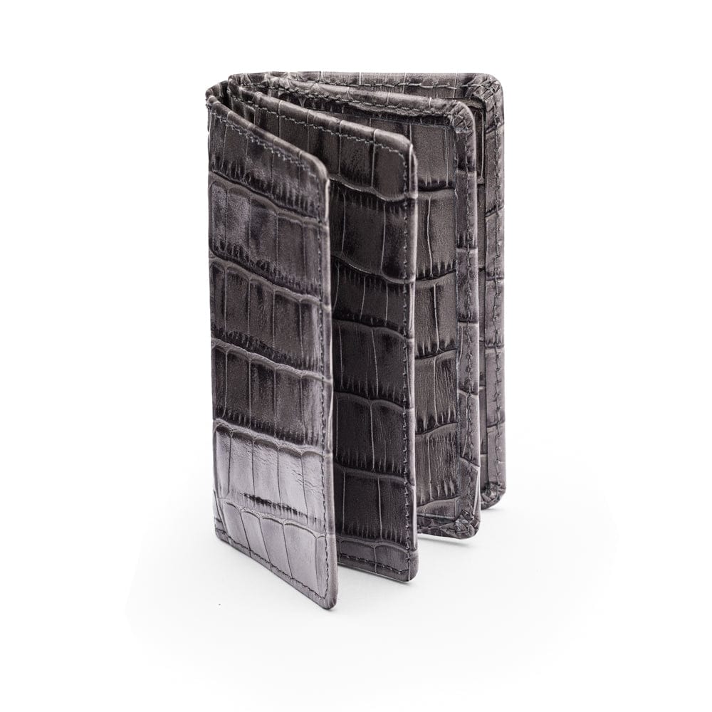 Leather bifold card wallet, grey croc, front