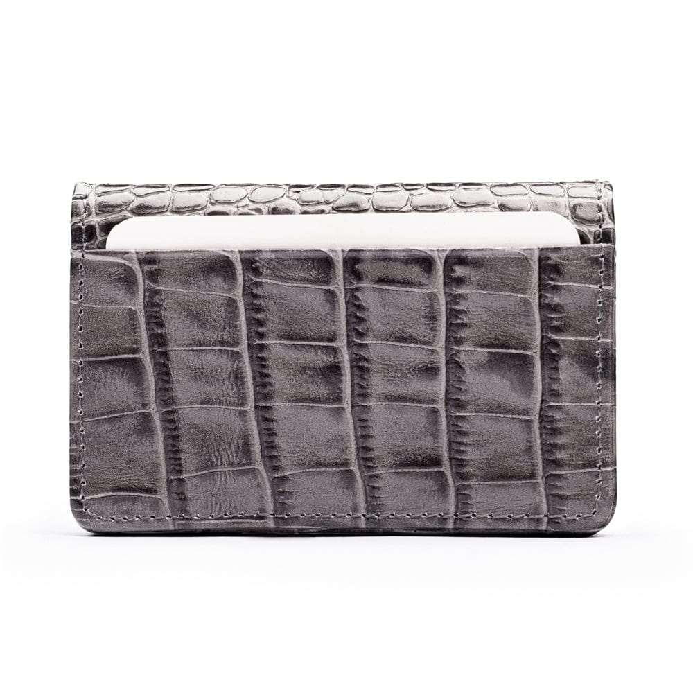 Leather bifold card wallet, grey croc, front view
