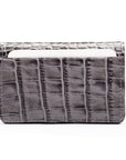 Leather bifold card wallet, grey croc, front view