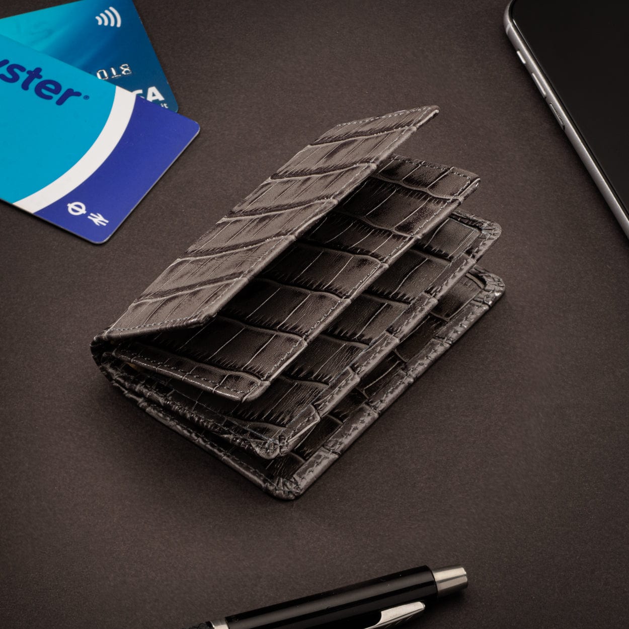 Leather bifold card wallet, grey croc, lifestyle