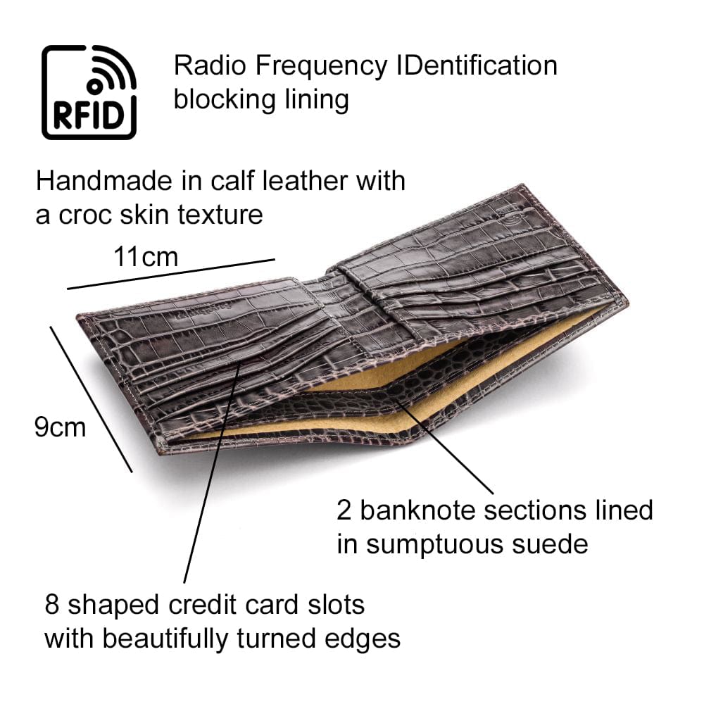 RFID leather wallet for men, grey croc, features