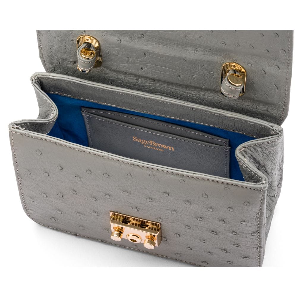 Ostrich leather Betty bag with top handle, grey ostrich, inside