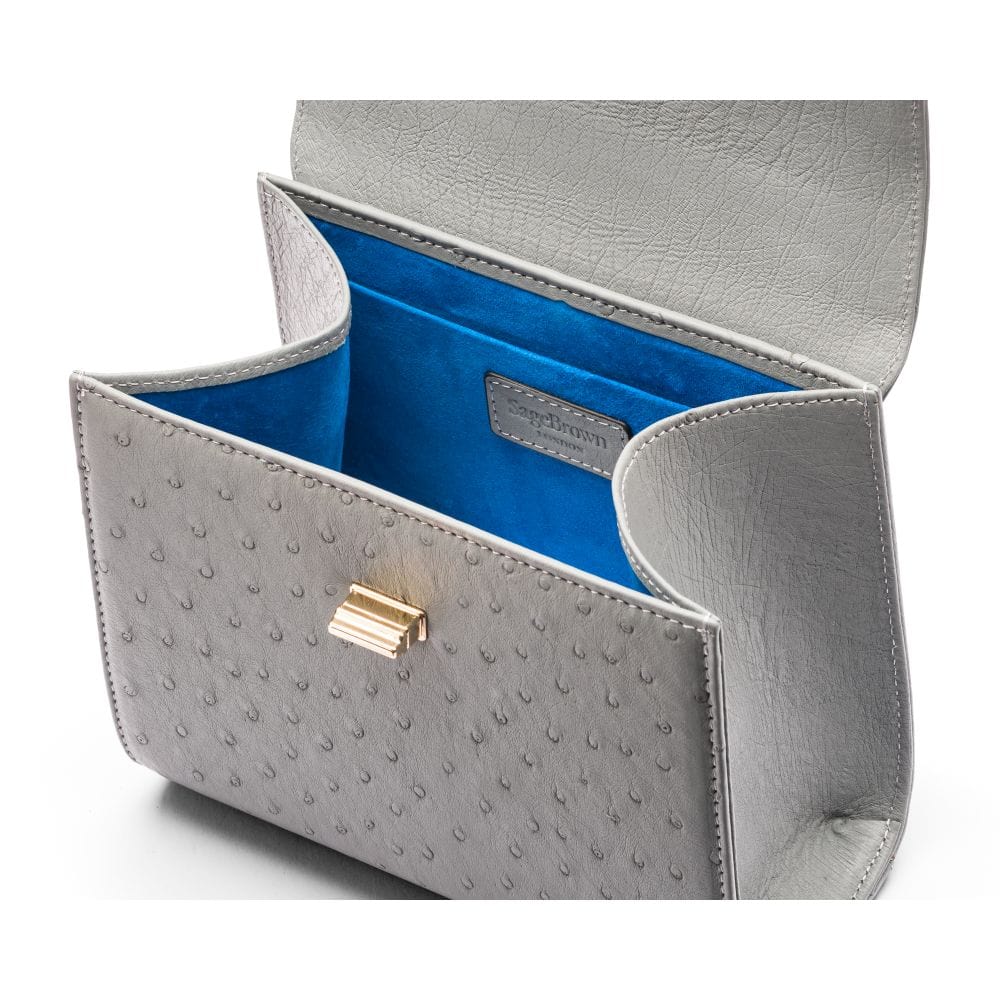 Mini ostrich leather Morgan Bag, top handle bag, grey,, inside