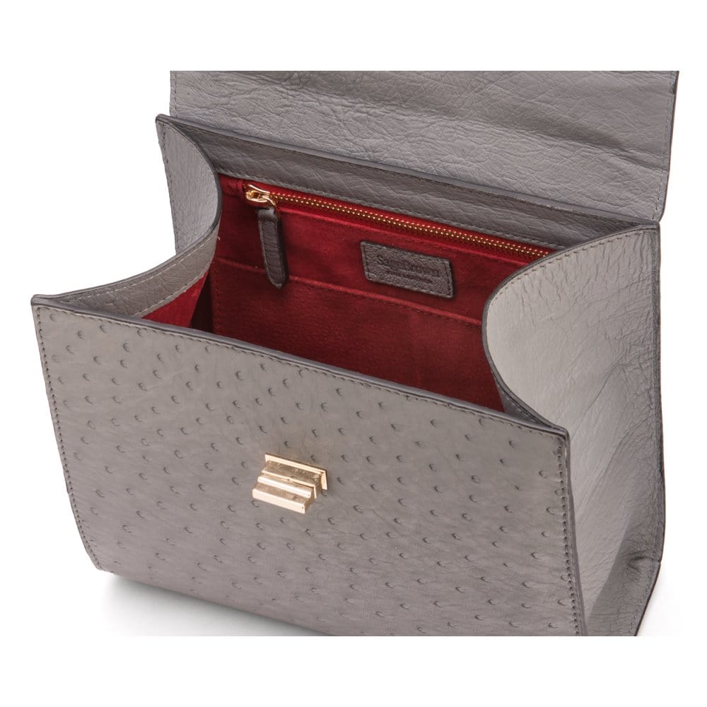 Real ostrich top handle bag, grey, inside view