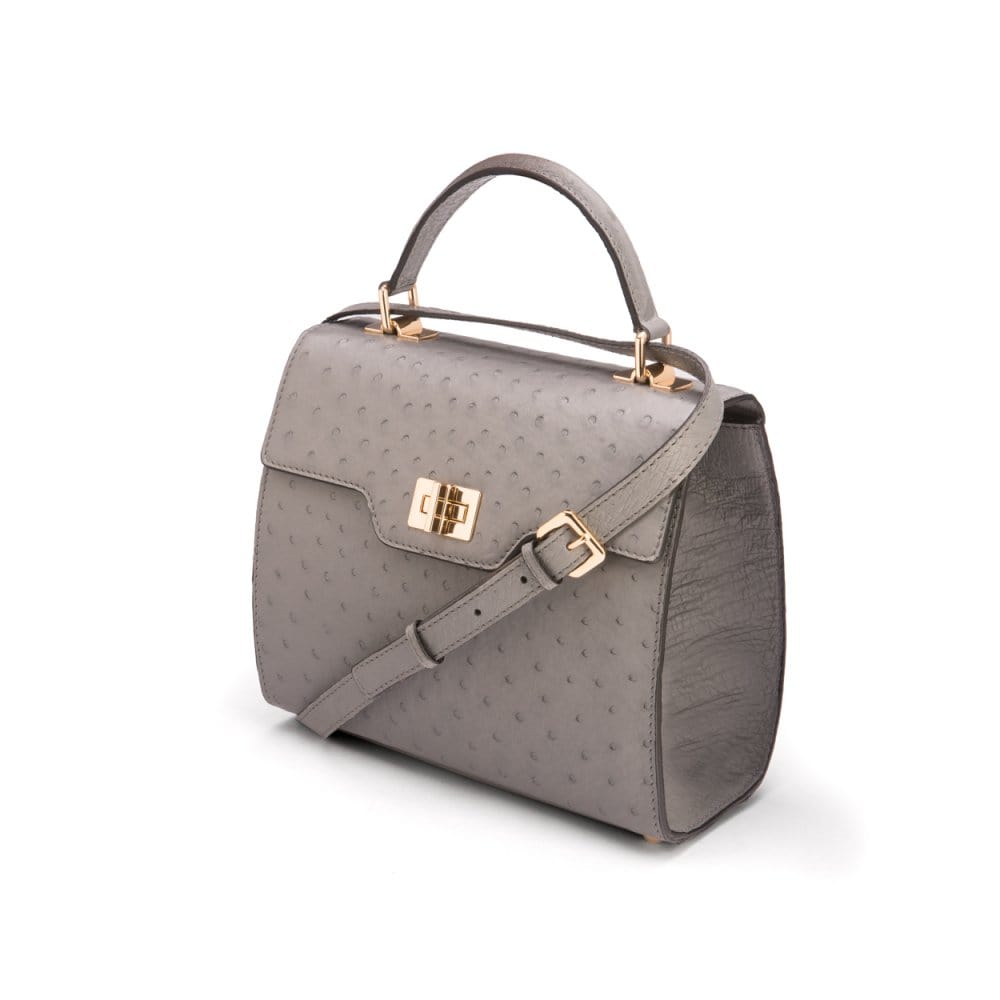 Real ostrich top handle bag, grey, side view
