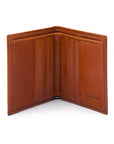 Bifold leather wallet with 6 credit cards, havana tan, open