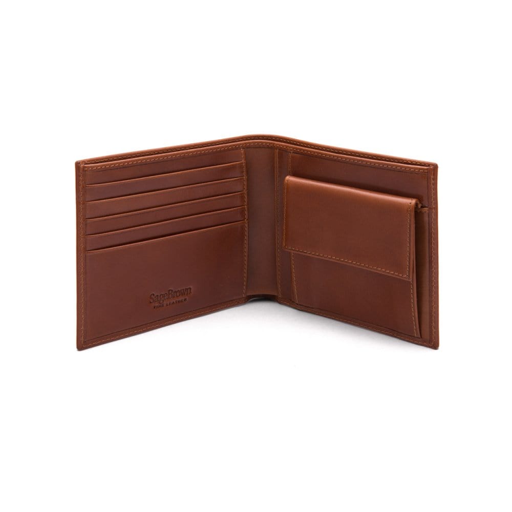 Leather wallet with coin purse, havana tan, open