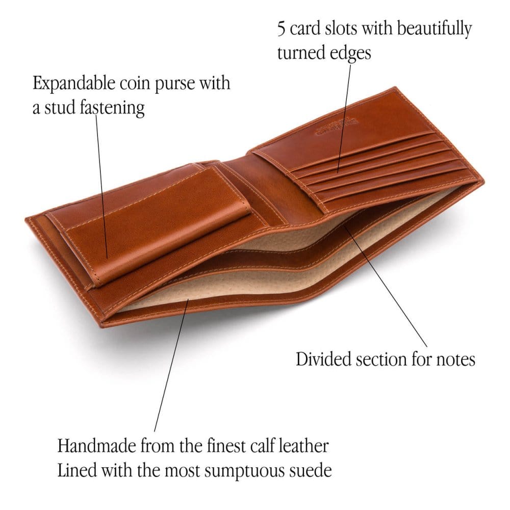 Leather wallet with coin purse, havana tan, inside