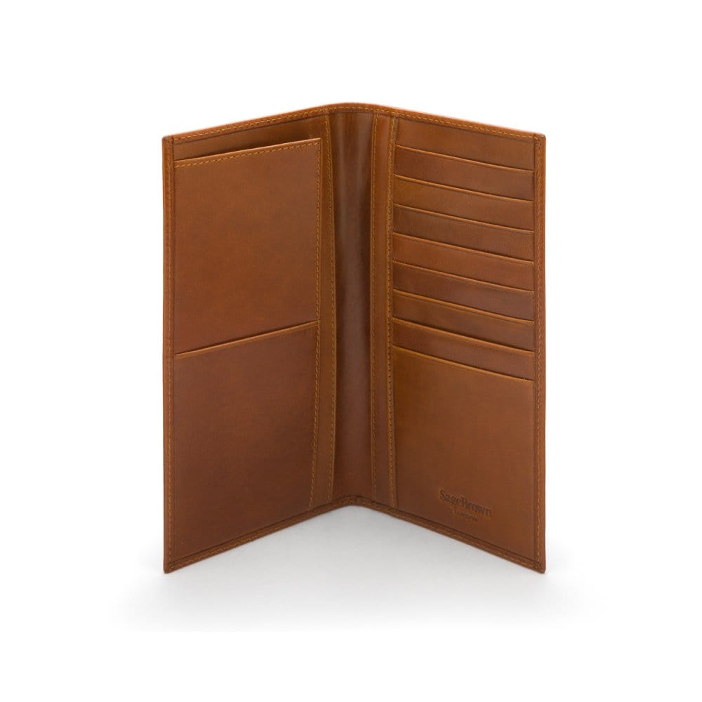 Tall leather wallet with 8 card slots, havana tan, open