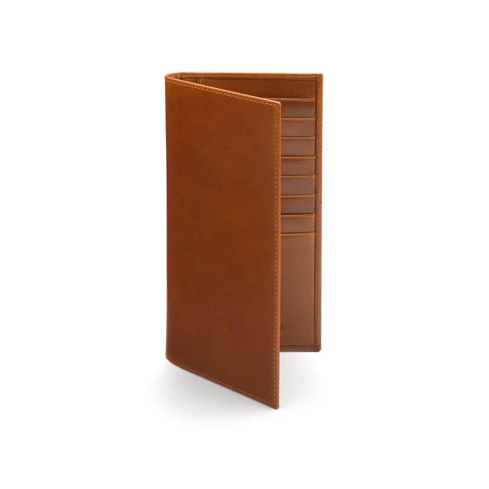 Tall leather wallet with 8 card slots, havana tan, front
