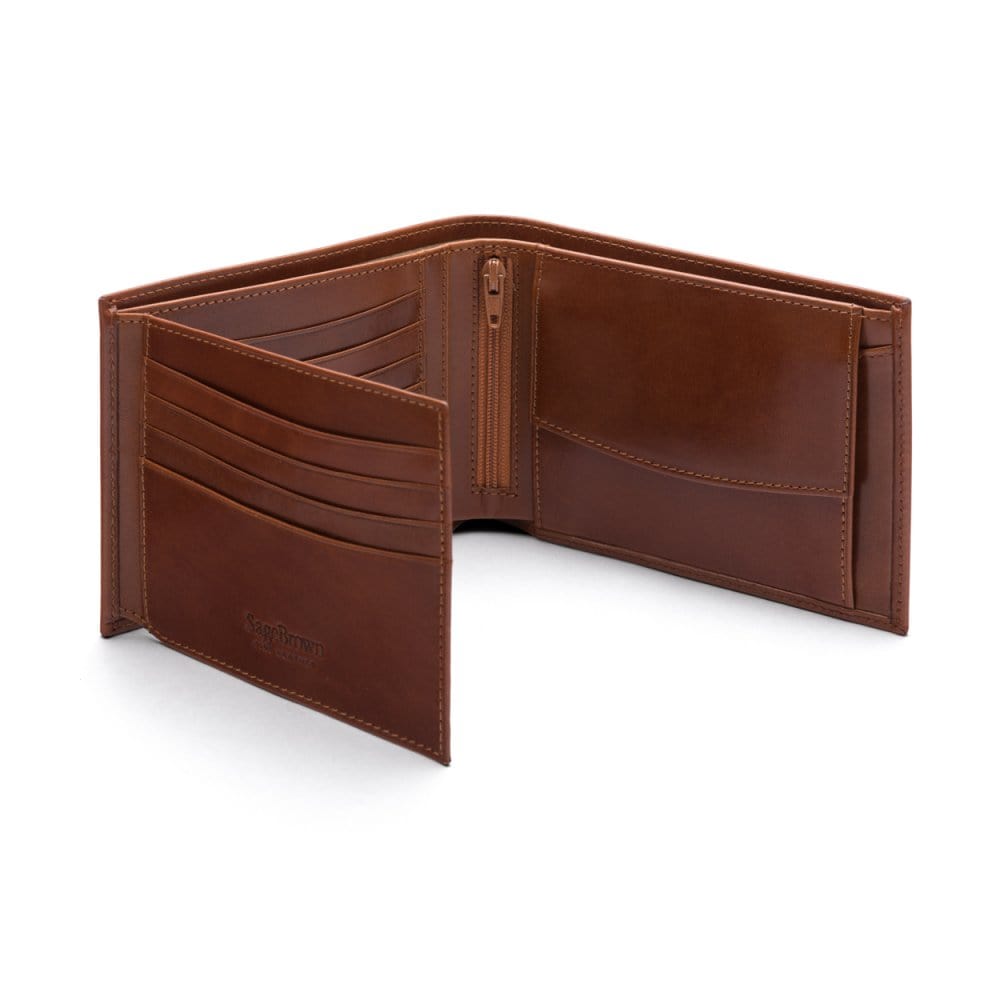 Leather coin wallet, havana tan, open