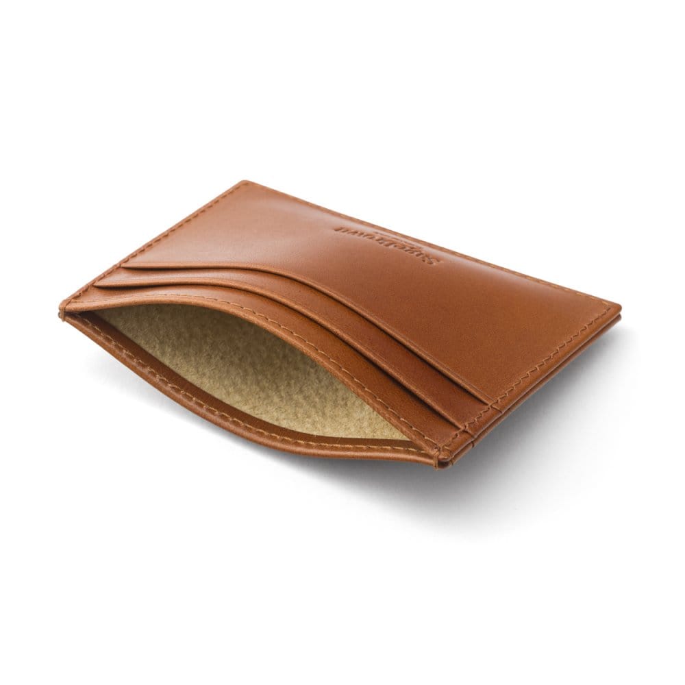 Flat leather card wallet with ID window, havana tan, back